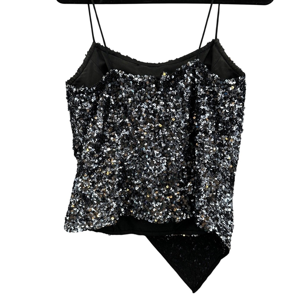 Vintage 90s Cache Sequin Top Party Asymmetric Tank Black Silver M Glam Rock - Picture 2 of 8